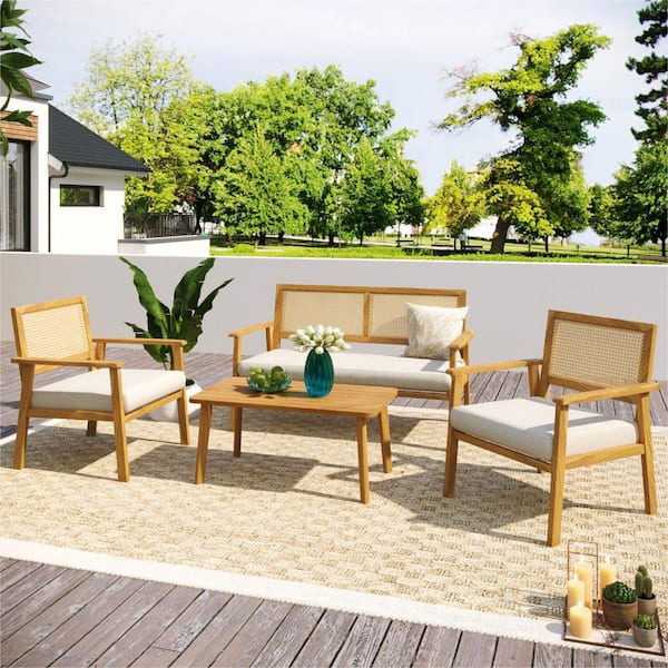 Polibi 4-Piece Acacia Wood Conversation Sofa Set with Wicker Mesh Design, Beige Cushions