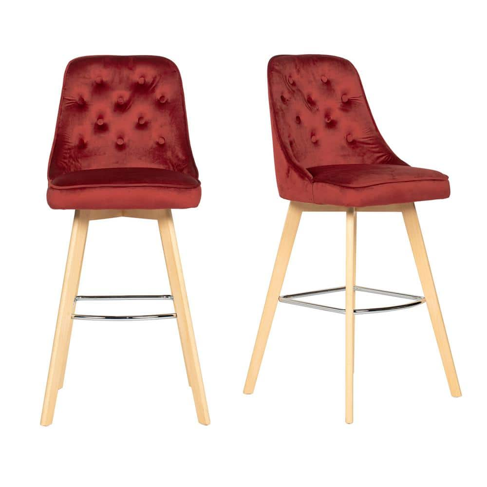 Homy Casa Windler 30 in. H Red High Back Upholstered Velvet Bar Stool with Solid Wood Leg Set of 2