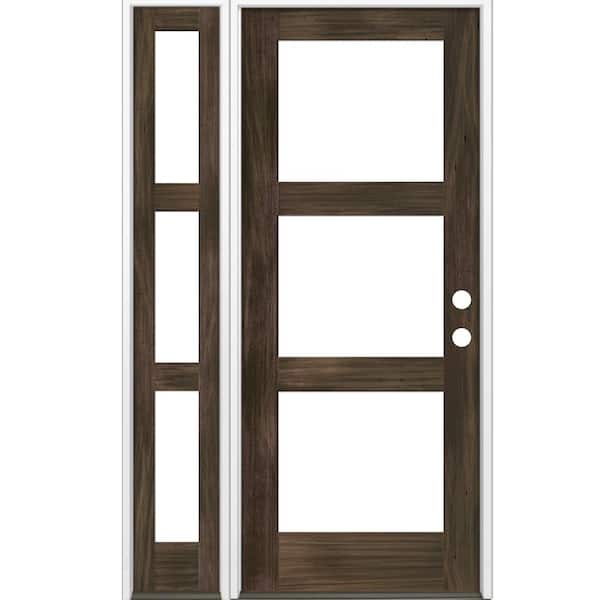 Krosswood Doors 50 in. x 96 in. Modern Hemlock Left-Hand/Inswing 3-Lite Clear Glass Black Stain Wood Prehung Front Door w/Left Sidelite