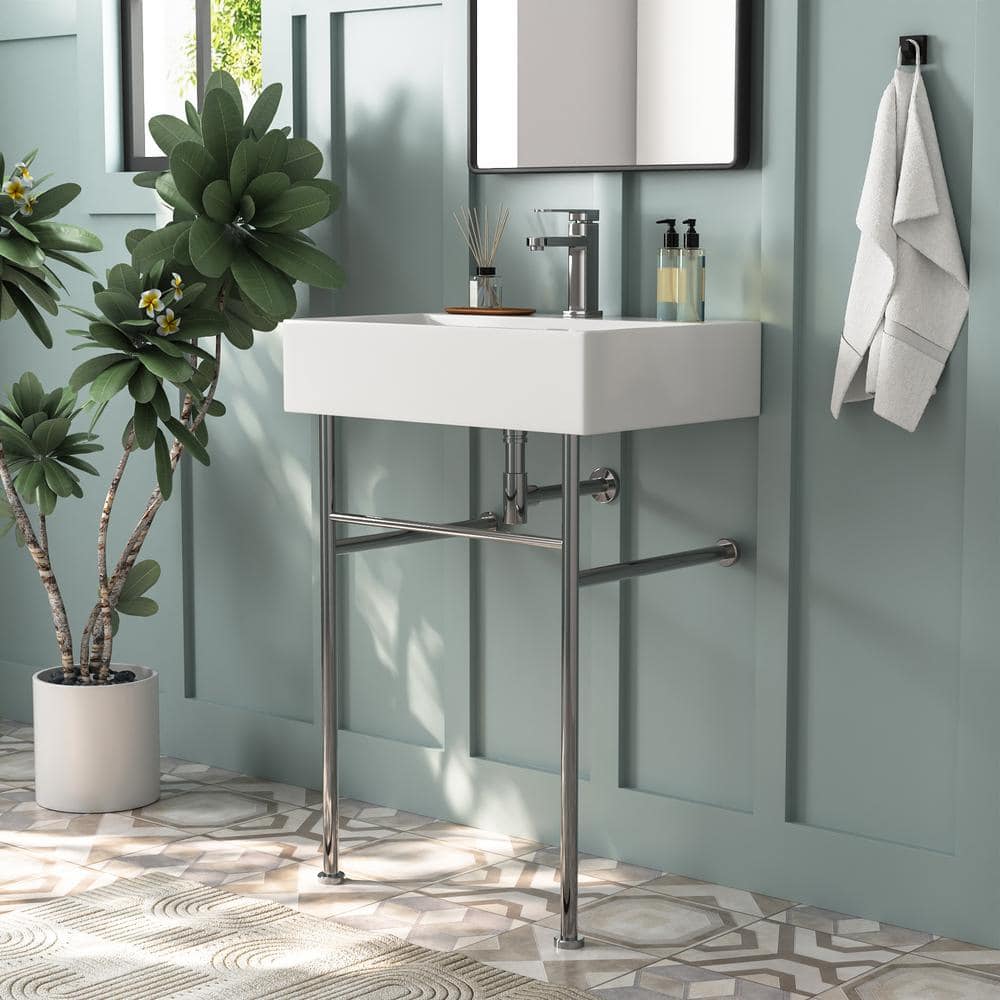 White Ceramic Rectangular Wall-Mount Console Sink with Stainless Steel Legs