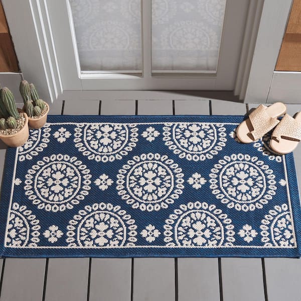 Courtyard Navy 3 ft. x 5 ft. Floral Geometric Indoor/Outdoor Area Rug