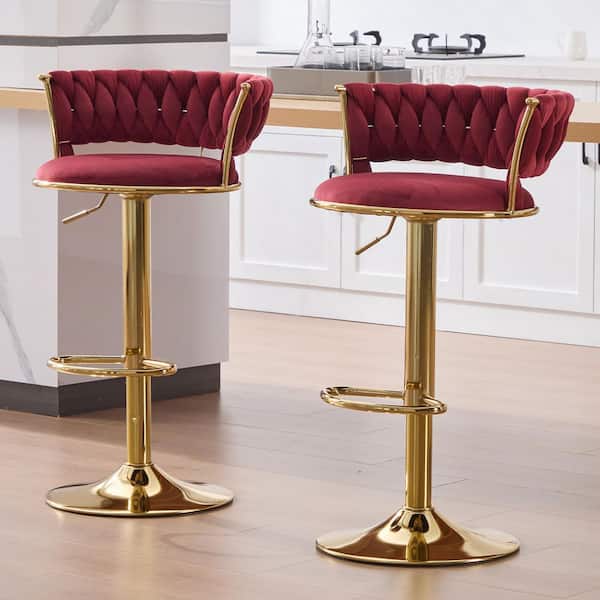 HOMEFUN 37 in. Swivel Adjustable Height Golden Metal Frame Cushioned Bar Stool with Win Red Velvet Seat (Set of 2)