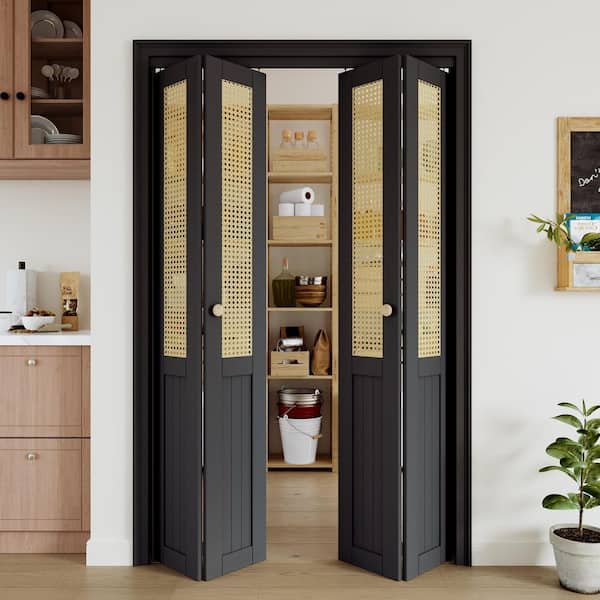 48 in. x 80 in. Paneled Solid Core Black Finished MDF Wood and Imitated Rattan Weaving Bi-Fold Door with Hardware