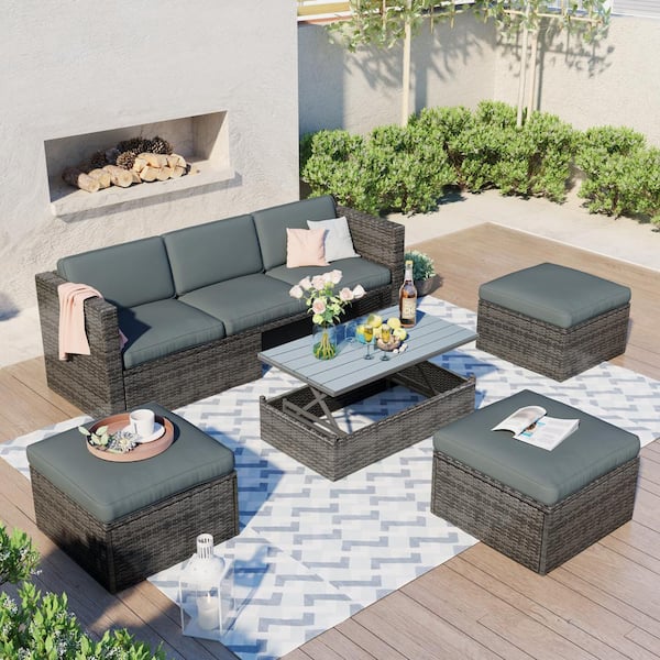Harper & Bright Designs Gray 5-Piece Wicker Outdoor Sectional Set with Gray Cushions and Lift Top Coffee Table