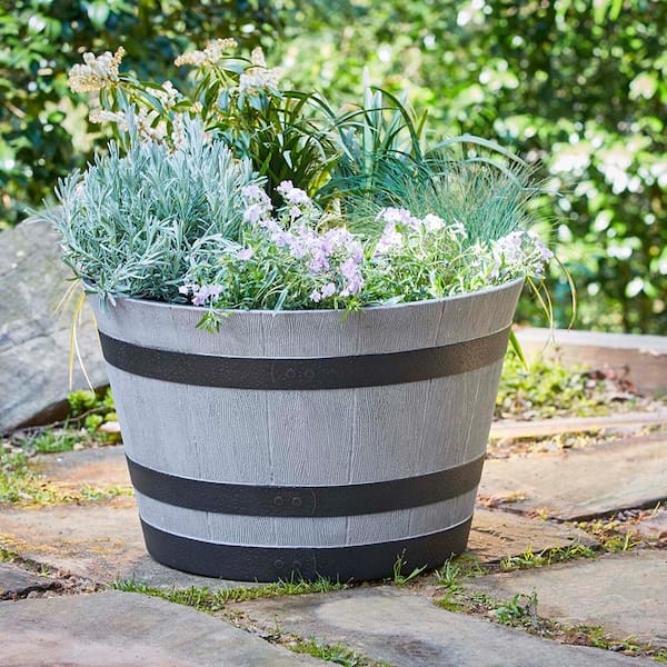 Large 22.24 in. Dia x 13 in. H 49 qt. Birchwood Gray High-Density Resin Whiskey Barrel Outdoor Planter