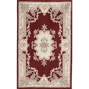 New Aubusson Burgundy Red 5 ft. x 8 ft. Wool Area Rug