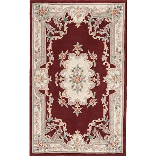 Rugs America New Aubusson Burgundy Red 5 ft. x 8 ft. Wool Area Rug