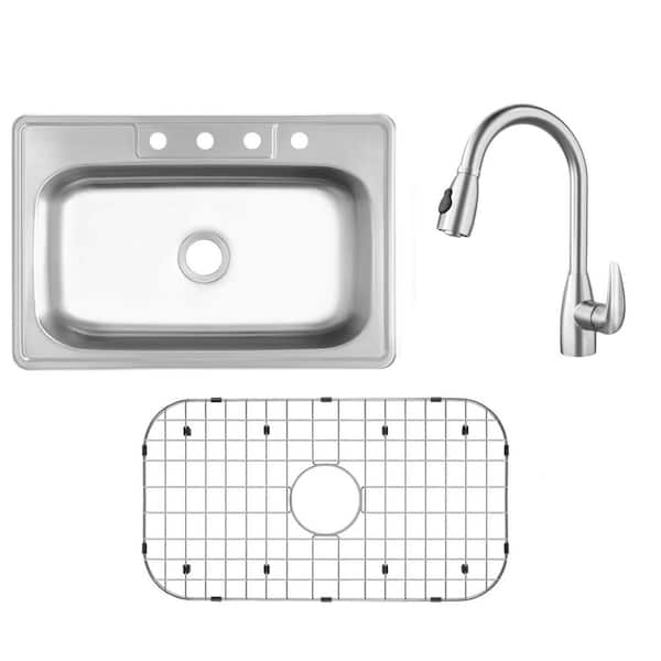 33 in. Drop-In Single Bowl 20-Gauge Stainless Steel Kitchen Sink with Pull Down Sprayer Kitchen Faucet
