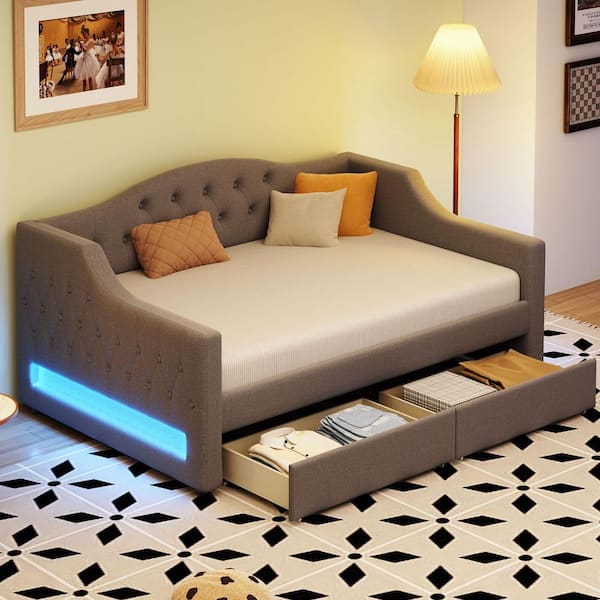 Gray Upholstered Twin XL Size Daybed with LED Belt with 2-Drawers
