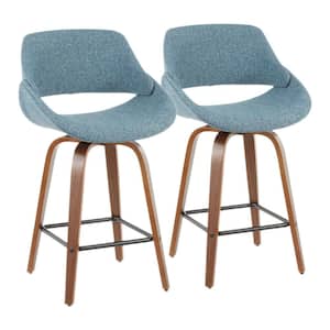 Fabrico 26 in. Walnut and Blue Fabric Counter Stool with Square Black Footrest (Set of 2)