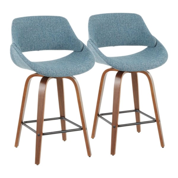 Lumisource Fabrico 26 in. Walnut and Blue Fabric Counter Stool with Square Black Footrest (Set of 2)
