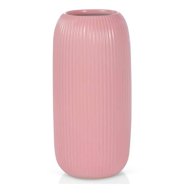 Unbranded 8 in. Pink Ceramic Bottle Decorative Vase, Modern Small Ribbed Textured Flower Vase for Home Decor