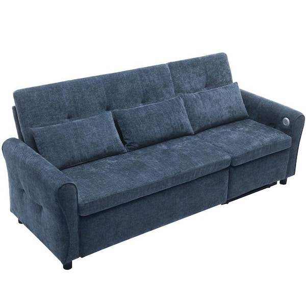 82 in. Wide Flared Arm Chenille U-shaped Sofa in Blue 2-in-1