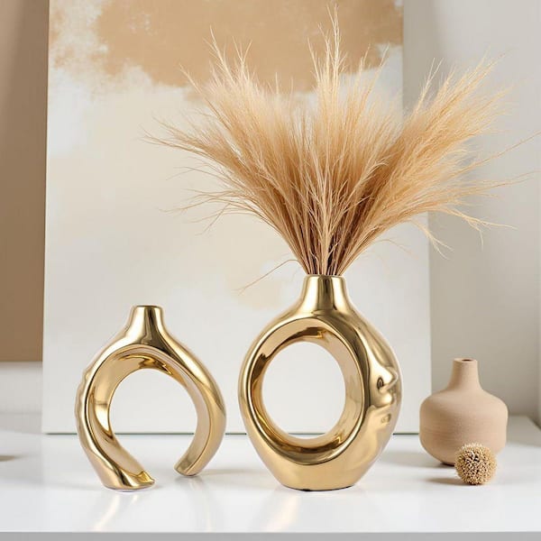 Gold Ceramic Vase Set of 2 for Modern Home Decor, Round Boho Vase for Pampas Grass, Neutral Minimalist Statue MKCV39F7Q-G