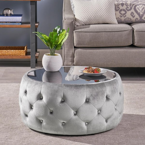 CHRISTOPHER KNIGHT HOME Button Tufted Smoke Velvet Upholstered Round Cocktail 30 in. Ottoman, No Assembly Required