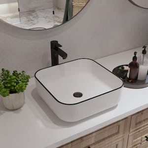 DeerValley Ace 15 in. Square Ceramic Vessel Bathroom Sink in White with Black Edges Vanity Sink, Faucet not Included