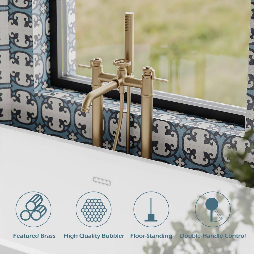 Brushed Gold 2-Handle Deck-Mount Roman Tub Faucet with Hand Shower