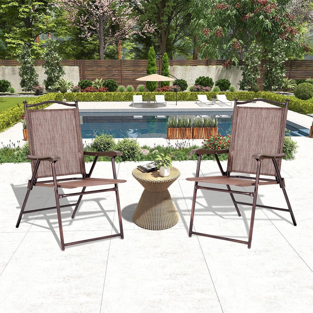 Patio Folding Sling Outdoor Dining Chair in Brown with Durable Steel Frame and Weather-Resistant Textile Fabric Set of 2 price history on PriceWatchPro