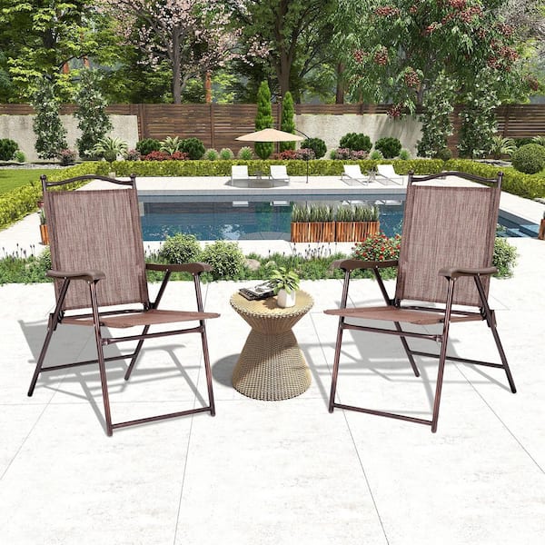 ANGELES HOME Patio Folding Sling Outdoor Dining Chair in Brown with Durable Steel Frame and Weather-Resistant Textile Fabric Set of 2