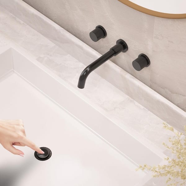 Wall Mount Bathroom Faucet with 2 Handles, Pop-Up Drain, 360° Swivel Spout in Matte Black