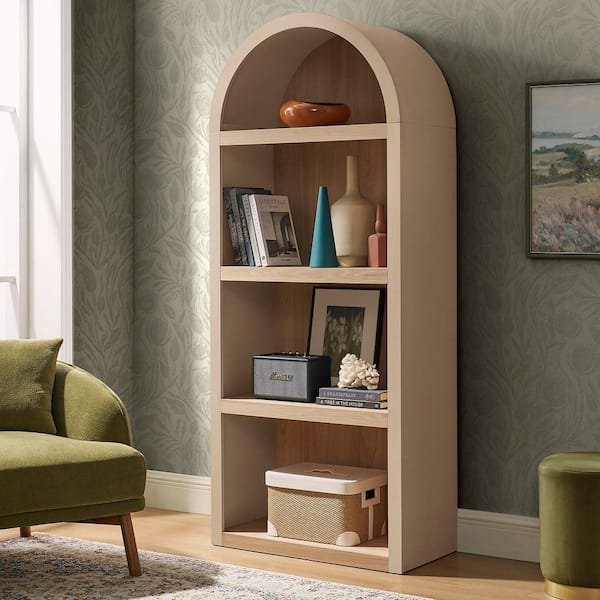 Caleb 75 in. MDF Arched Bookcase With 4-Tier Open Shelves in Tan