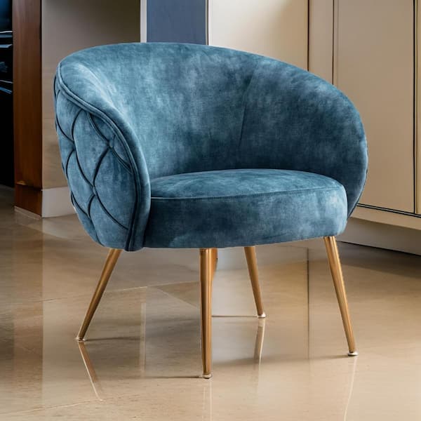 Benjara Blue and Gold Velvet Arm chair with Curved Back and Diamond Pattern