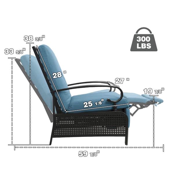 KOZYARD Black Metal Outdoor Recliner with Aqua Cushions for