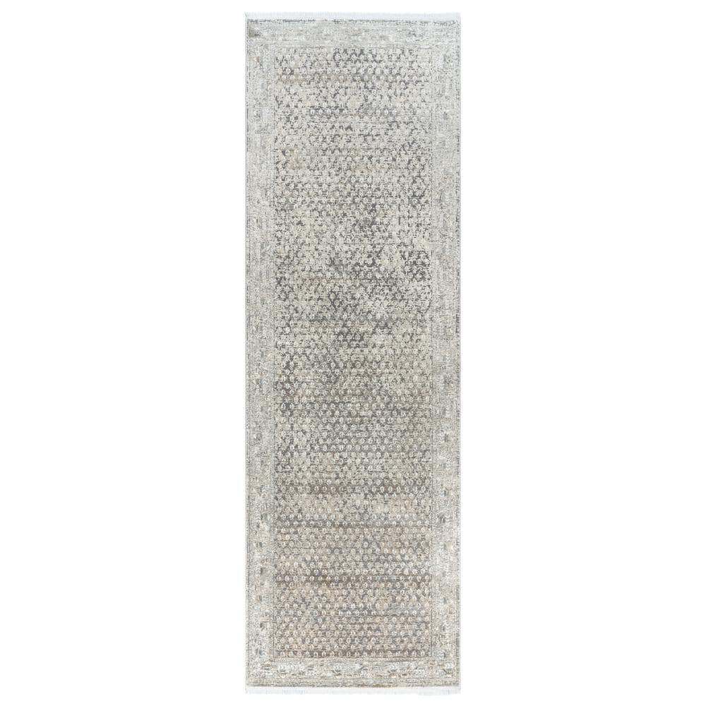 Gray and Taupe Viscose Acrylic Runner Rug with Fringe
