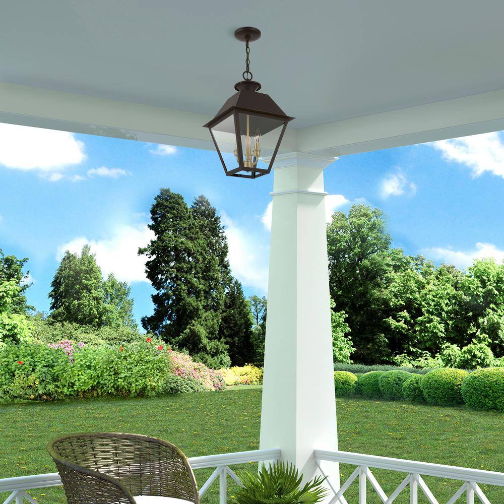 Bronze and Antique Brass 3-Light Outdoor Pendant with Clear Glass