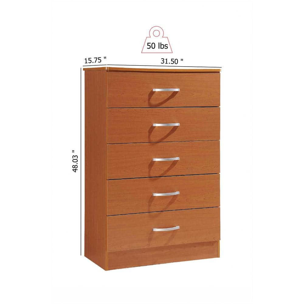 Cherry Finish 5-Drawer Bedroom Chest with Metal Glides and Ample Storage