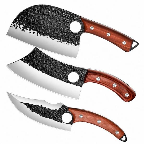 3-Pack Hand Forged Butcher Knife Set for Meat Cutting, Home and Outdoor Cooking, Knives with High Carbon Steel Blade