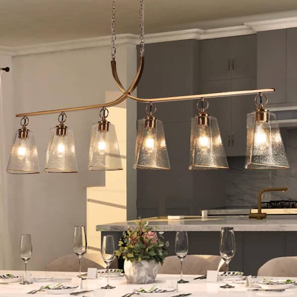 Sduiaor 55.1 in. 6-Light Transitional Brass Linear Chandelier with Textured Glass Shades Large Island Pendant Light