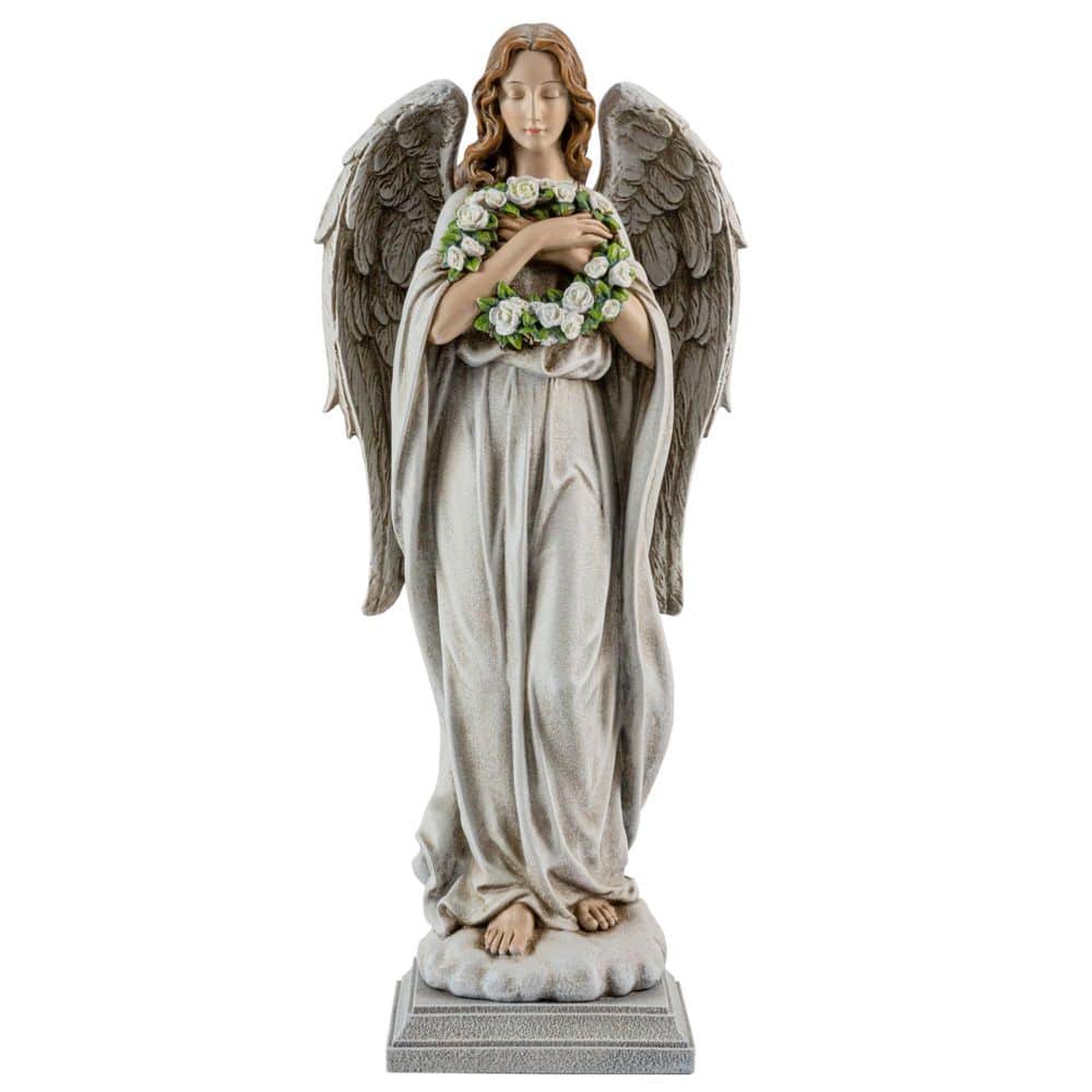 Garden Angel with Flower Wreath Statue