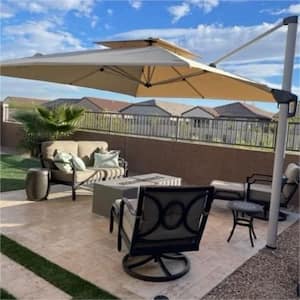 12 ft. Square Double-top Aluminum Umbrella Cantilever Polyester Patio Umbrella in Beige with Beige Cover