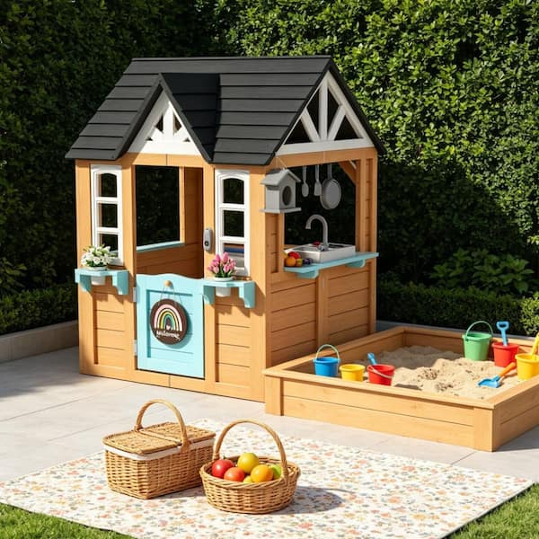 Wooden Kids Playhouse Outdoor Cedar Playhouse with Toy Kitchen Doorbell Mud Kitchen for Backyard Ages 3-8