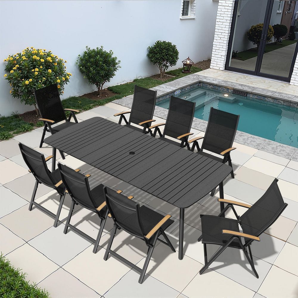Black 9-Piece 92.9 in. Aluminum Wood-Like Patio Outdoor Dining Set, with Umbrella Hole Table and Folding Recline Chairs price history on PriceWatchPro