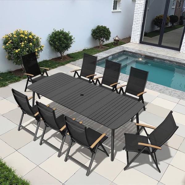 Pellebant Black 9-Piece 92.9 in. Aluminum Wood-Like Patio Outdoor Dining Set, with Umbrella Hole Table and Folding Recline Chairs