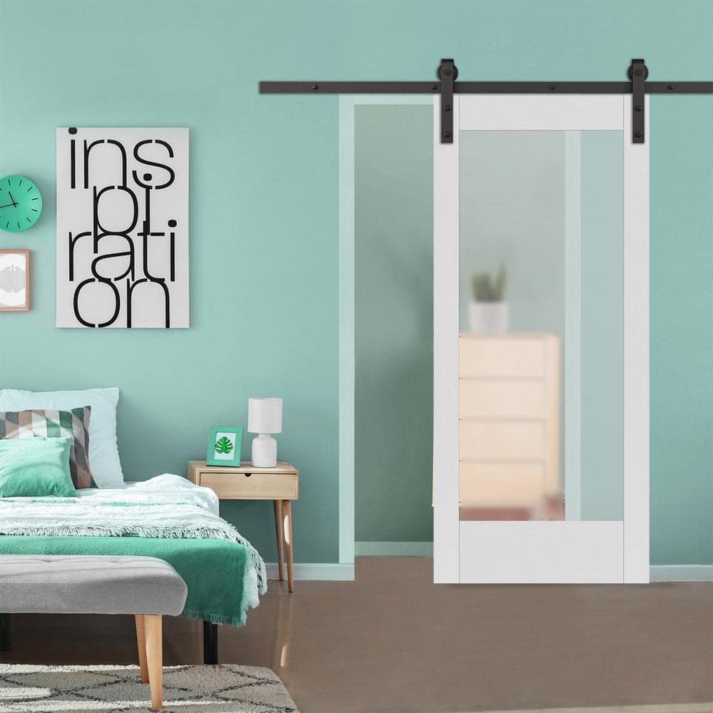 37 in. x 84 in. 1-Lite Full Frosted Glass White Vinyl Finish MDF Sliding Ba