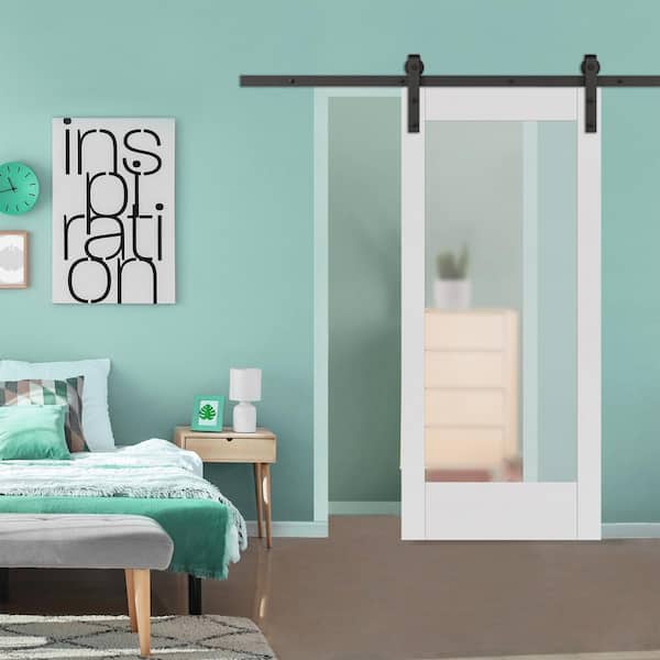 Unbranded 37 in. x 84 in. 1-Lite Full Frosted Glass White Vinyl Finish MDF Sliding Barn Door Slab