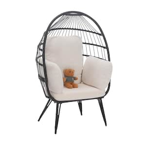 Black Patio Swing Wicker Steel Frame Outdoor Egg Lounge Chair with White Cushion