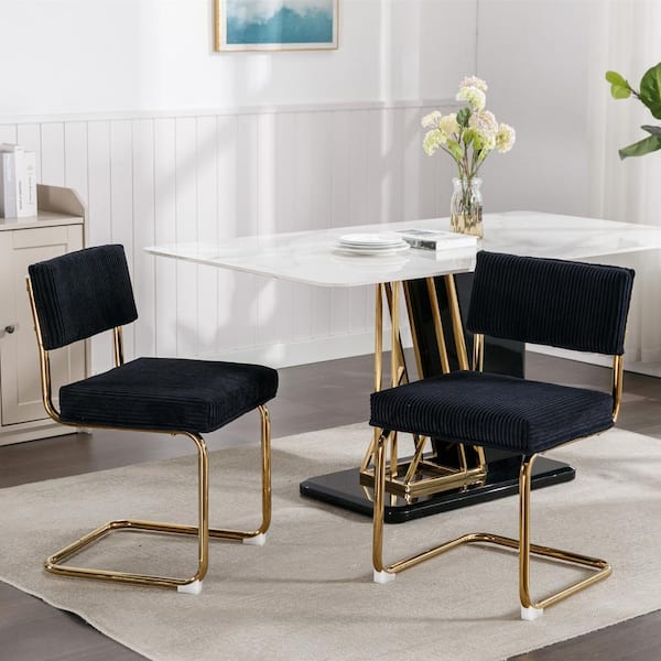 Unbranded Black Corduroy Contemporary Dining Chair Upholstered Accent Side Chairs with Gold Metal Base (Set of 2)