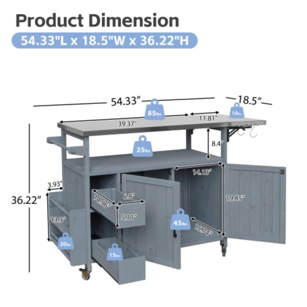 Product dimensions diagram for the outdoor serving cart