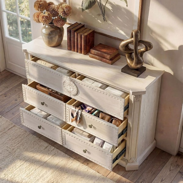 White Washed Solid Wood 6-Drawer 47.2 in. Chest of Drawers with Decorative Carving, Fully Assembled