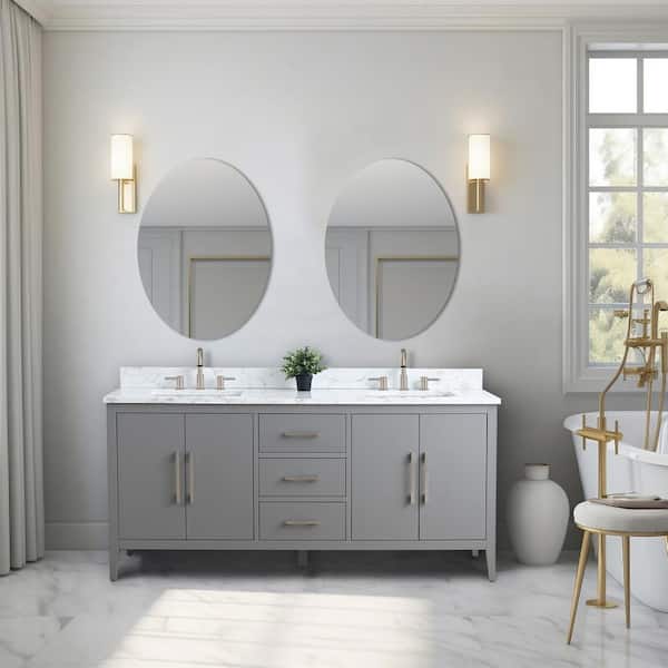 Vanity Art 72 in. W x 22 in. D x 34 in. H Double Sink Bathroom Vanity Cabinet in Cashmere Gray with Engineered Marble Top