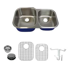 Meridian All in.-One Undermount Stainless Steel 31.8 in. 60/40 Double Bowl Kitchen Sink in Brushed Stainless Steel