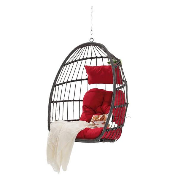 ITOPFOX Foldable 1-Person Wicker Porch Swing without Stand for Indoor Outdoor with Red Cushion