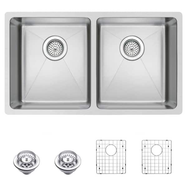 Water Creation Undermount Small Radius Stainless Steel 31 in. 0-Hole Double Bowl Kitchen Sink with Strainer and Grid in Satin Finish