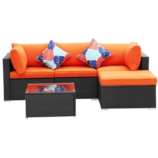 Tatayosi 5-Piece Wicker Steel Outdoor Patio Conversation Deep Seating Set with Orange Cushions