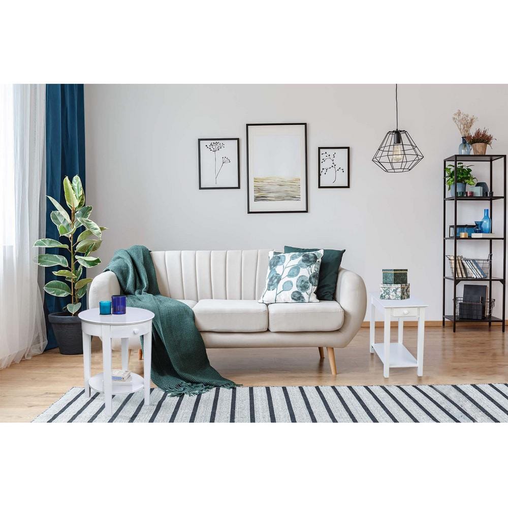 Elegant Round White Parawood Accent Table with Drawer and Shelf