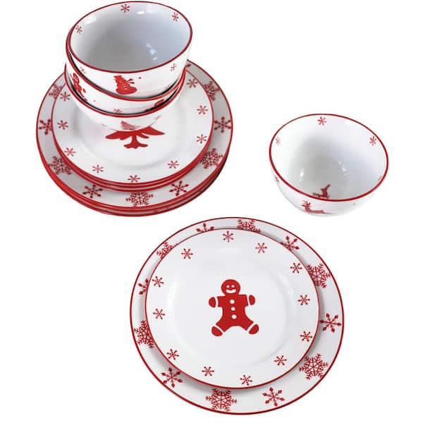 Euro Ceramica Winterfest 12 Piece Red/White Stoneware Dinnerware Set (Service for 4)